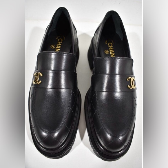 CHANEL Dark Leather Loafers with Gold Accents - Picture 1 of 15